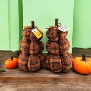 Way to Celebrate Plaid Fabric Stacked Pumpkins 14 Inch Set of Two Fall Decor NWT